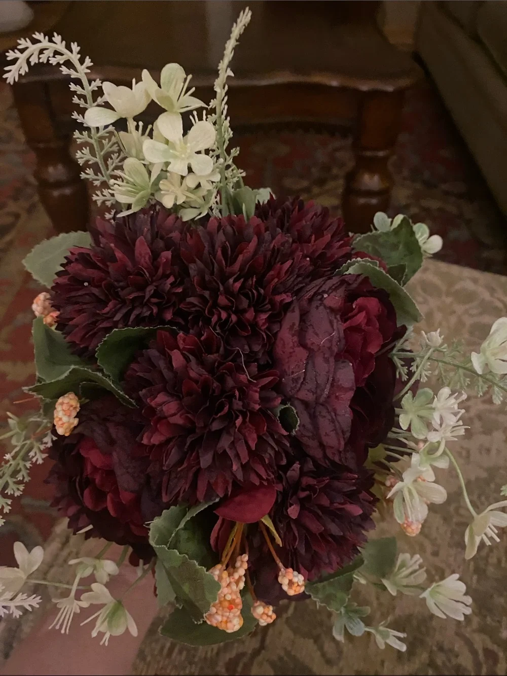 Artificial Burgundy Floral Bouquet with Greenery - bridal bouquet